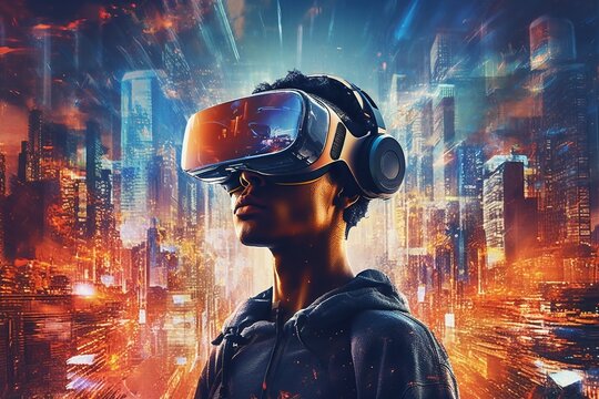 vr headset, double exposure, metaverse, futuristic virtual world, state of consciousness, technology (5)