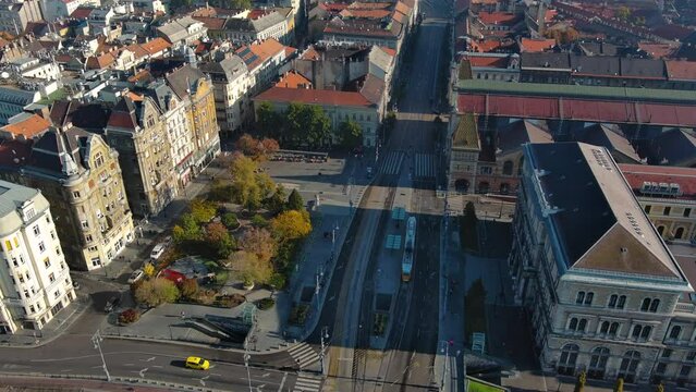Aerial view of Budapest Great Market Hall and Fovam ter. Largest and oldest indoor market in Budapest, Hungary