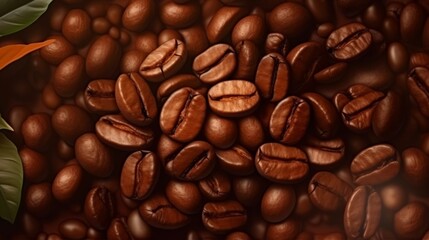 Obraz premium A heap of coffee beans with green leaves on the surface. Generative ai