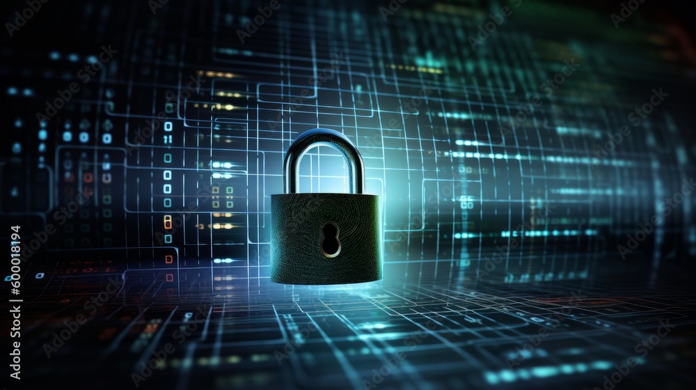 Poster a padlock icon on a futuristic digital background. generative ai