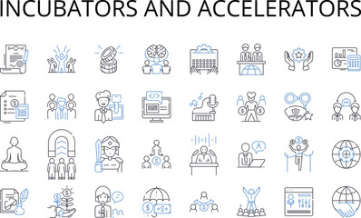 Incubators and Accelerators line icons collection. Startup labs, Venture studios, Innovation centers, Seed funders, Entrepreneur hubs, Growth organizations, Idea nurseries vector and linear