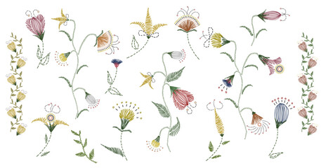 Embroidery flower collection. Floral hand drawn set. Traditional vector design. Artistic fashion elements: plants, bloom flowers, branches with leaves. Vector illustration for print, fabric, textile
