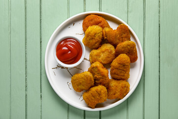 Plate with delicious nuggets and bowl of ketchup on green wooden table