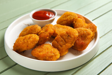 Plate with delicious nuggets and bowl of ketchup on green wooden table