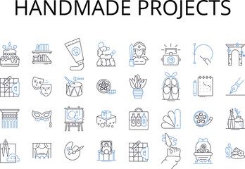 Handmade projects line icons collection. Crafty creations, Artisanal goods, Homemade dishes, Bespoke furniture, Handcrafted jewelry, Artistic expressions, Personalized gifts vector and linear