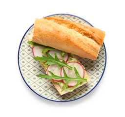 Plate with delicious radish bruschetta isolated on white background