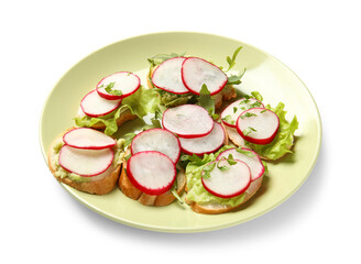 Plate with delicious radish bruschettas isolated on white background