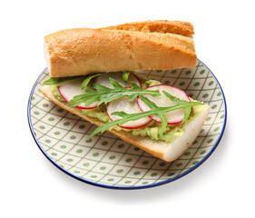 Plate with delicious radish bruschetta isolated on white background