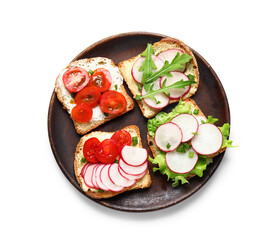 Plate with delicious radish bruschettas isolated on white background
