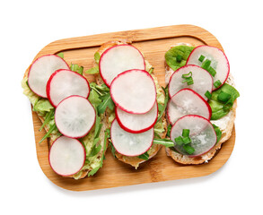 Board with delicious radish bruschettas isolated on white background