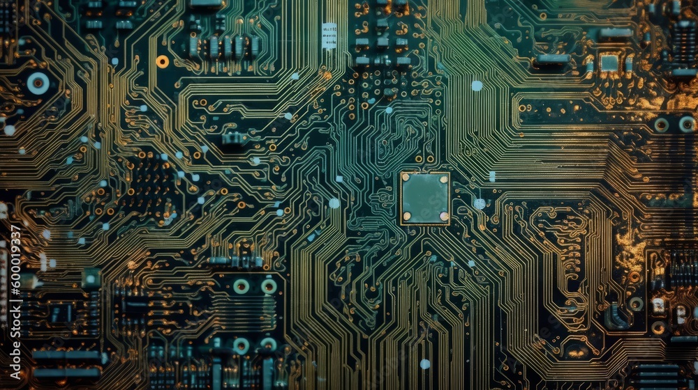Poster a close-up view of a computer circuit board with electronic components. generative ai