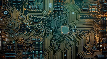 A close-up view of a computer circuit board with electronic components. Generative ai