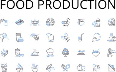 Food production line icons collection. Agriculture, Culinary arts, Farming, Cultivation, Harvesting, Fishing, Livestock vector and linear illustration. Ranching,Agronomy,Aquaculture outline signs set