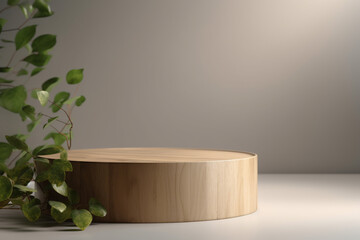 wooden podium for the presentation of cosmetic products in a minimalist design on a gray background with plant leaves. Generative Ai