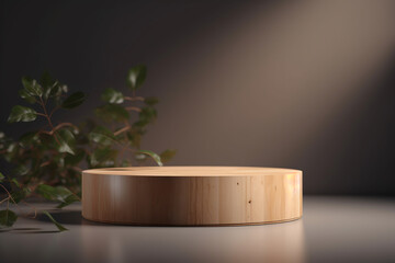 wooden podium for the presentation of cosmetic products in a minimalist design on a gray background with plant leaves. Generative Ai