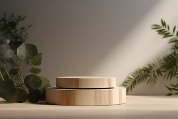 wooden podium for the presentation of cosmetic products and minimalistic design. Generative Ai