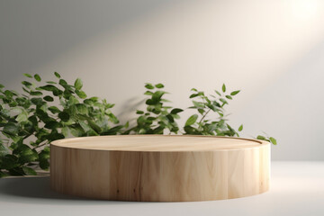 wooden podium for the presentation of cosmetic products and minimalistic design. Generative Ai