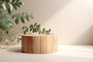 wooden podium on a light beige background for product presentation. Generative Ai