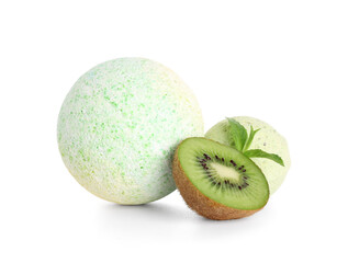 Bath bomb with kiwi and mint on white background