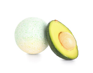 Bath bomb with avocado on white background