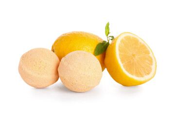 Bath bomb with oranges and mint on white background