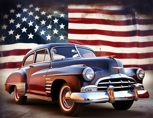 USA Flagge mit altem Auto / Patriotische US Oldtimer Illustration / ai-generiert