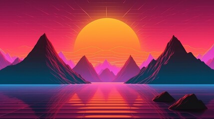 A serene sunset over a mountain range and a tranquil body of water. Generative ai