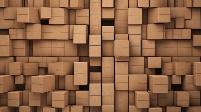 A towering stack of brown cardboard boxes, creating a wall-like structure. Generative ai