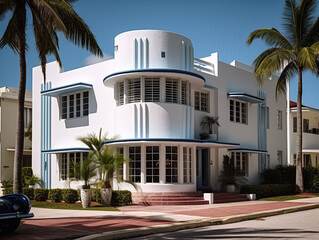 A Home with an Art Deco Architecture Design and Blue Accents | Generative AI
