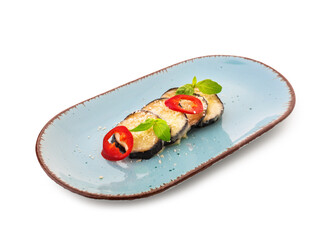 Plate with tasty baked Eggplant Parmesan on white background