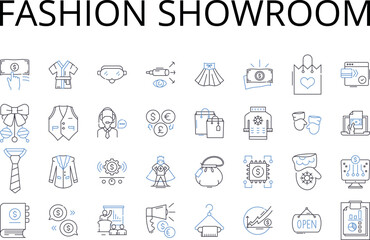 Fashion showroom line icons collection. Beauty salon, Art gallery, Music room, Food court, Movie theater, Fashion boutique, Flower shop vector and linear illustration. Bookstore cafe,Shoe store