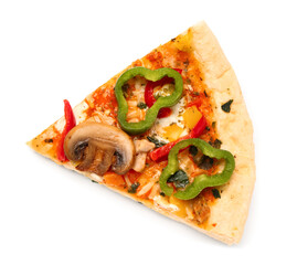 Slice of vegetable pizza on white background