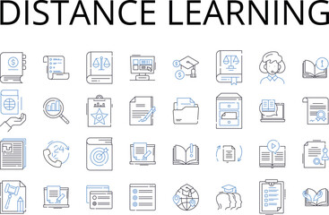 Fototapeta premium distance learning line icons collection. e-learning, virtual education, online schooling, remote instruction, web-based training, digital curriculum, internet tutoring vector and linear illustration