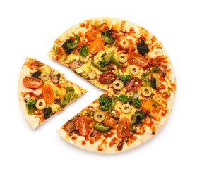 Sliced vegetable pizza on white background