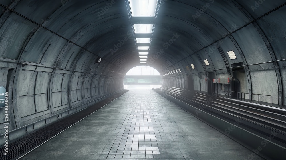 Poster A subway tunnel with a bright light at the end. Generative ai