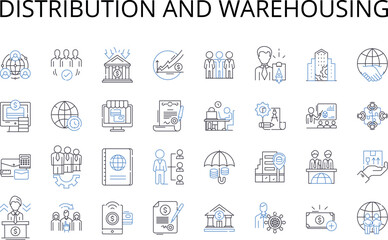 Distribution and warehousing line icons collection. Logistics, Shipping, Cargo, Transportation, Supply chain, Inventory, Storing vector and linear illustration. Stockpiling,Stocking,Hoarding outline © michael broon