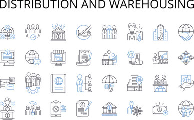 Distribution and warehousing line icons collection. Logistics, Shipping, Cargo, Transportation, Supply chain, Inventory, Storing vector and linear illustration. Stockpiling,Stocking,Hoarding outline