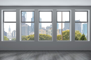 Naklejka na ściany i meble Empty room Interior Skyscrapers View Cityscape. Downtown Philadelphia City Skyline Buildings from High Rise Window. Beautiful Real Estate. Day time. 3d rendering.