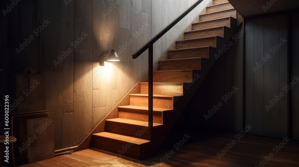 Poster a wooden staircase with illuminated steps. generative ai