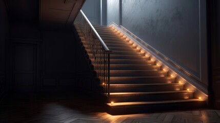 A brightly lit staircase in a dark room with a modern design. Generative ai