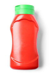 Plastic bottle of ketchup on white background