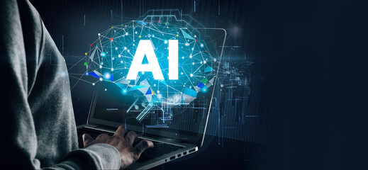 business man using laptop ai on computer AI technology digital graphic design black background, AI machine learning brain intelligent  science and artificial intelligence technology innovation - 600022712