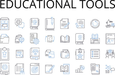 Educational tools line icons collection. Learning aids, Academic resources, Training materials, Instructional gear, Knowledge instruments, Study props, Pedagogic apparatus vector and linear