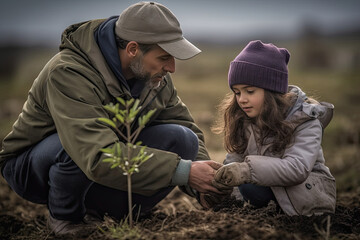a father teaching his daughter how to plant, generative AI