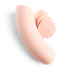 Tasty sliced boiled sausage on white background