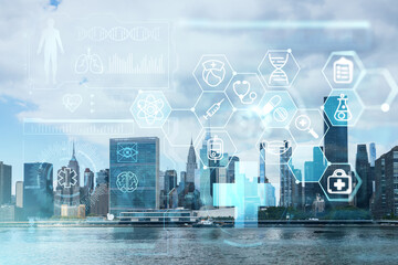 New York City skyline, United Nation headquarters over the East River, Manhattan, Midtown at day time, NYC, USA. Health care digital medicine hologram. The concept of treatment and disease prevention