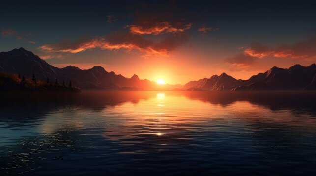 A serene sunset over a mountainous lake. Generative ai