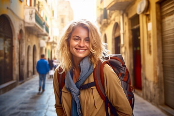 Fototapeta premium young adult woman travels, city trip old town, fictional place. Generative AI