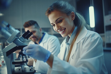 Young female scientist in a laboratory doing research on finding medicine pharmacy cure vaccine. Generative AI