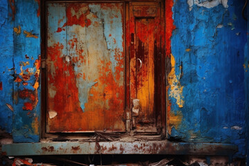 Closeup shot of a rusty door and peeling blue wall - Generative AI